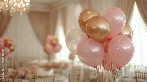 Colorful balloons with gold accents decorate an elegant banquet table for a s...
