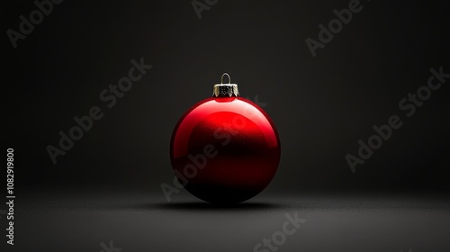 A shiny red Christmas ornament resting on a dark surface ready for festive de...