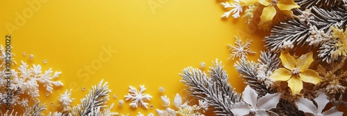 Festive evergreen branches with cones and berries displayed against a vibrant...