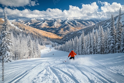 Skiing down a beautiful snowy slope in the mountains during a bright winter day
