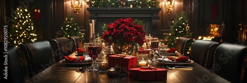 Elegant Christmas dining table setting with red decor and candlelight in a fe...