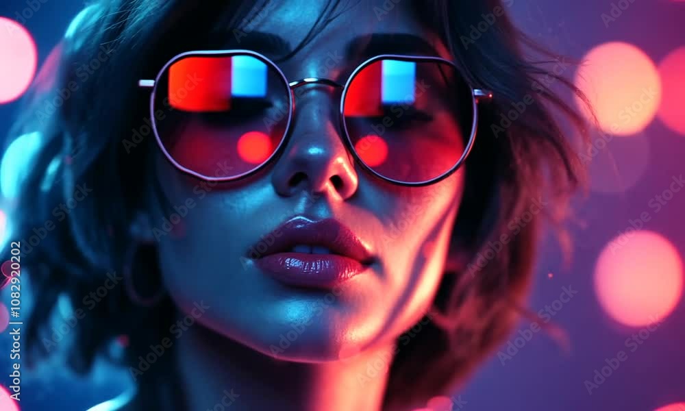 Portrait of a woman with reflective sunglasses in neon colors. Portrait of a woman with reflective sunglasses in neon colors.