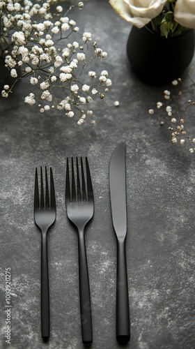 Elegant table setting with black cutlery and delicate white flowers on a dark background