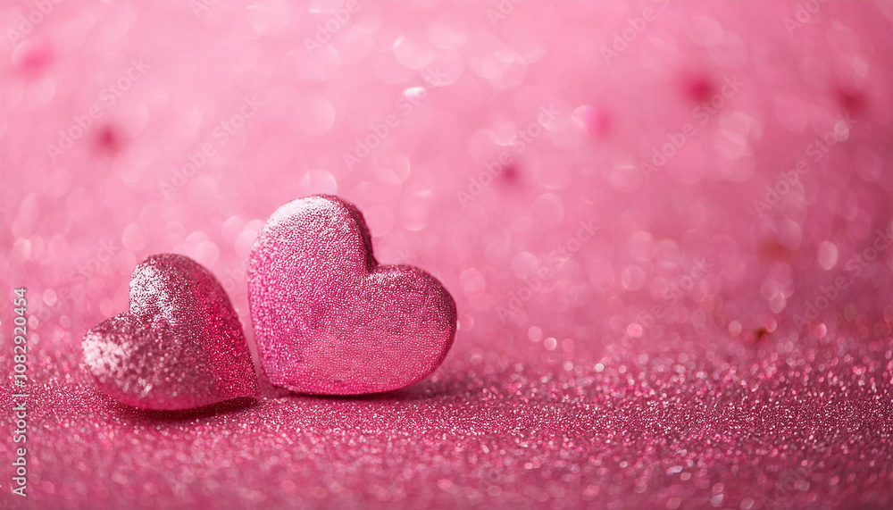 Obraz premium Pink hearts on bright glittering backdrop. Vivid sparkles. Valentine's Day, romantic greeting card.