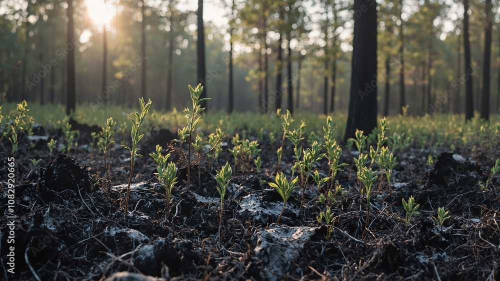 Obraz premium Forest renewal after wildfire with young green shoots sprouting from charred ground