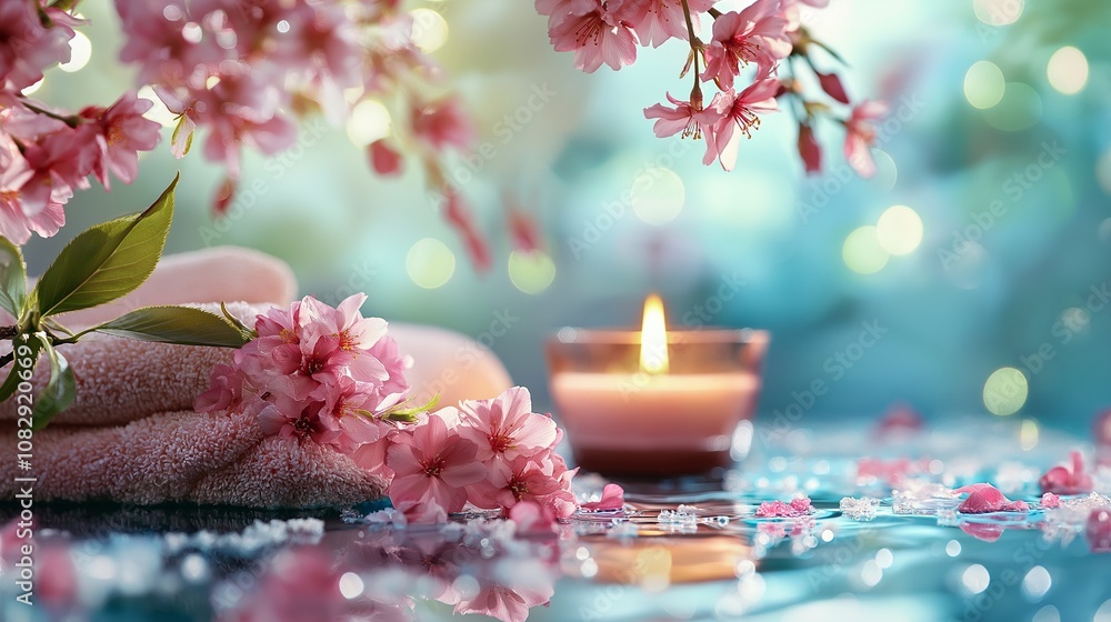 Spa setting with cherry flower, salt in bowl, candle, Spa setting with cherry flower, salt in bowl, candle,
