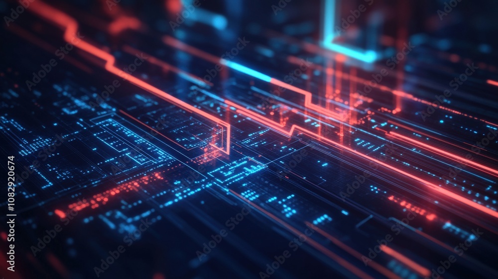 Abstract Digital Circuitry with Glowing Red and Blue Lines Abstract Digital Circuitry with Glowing Red and Blue Lines