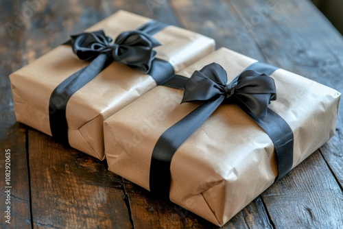 Gift wrapped packages with black ribbons resting on a rustic wooden table in ...
