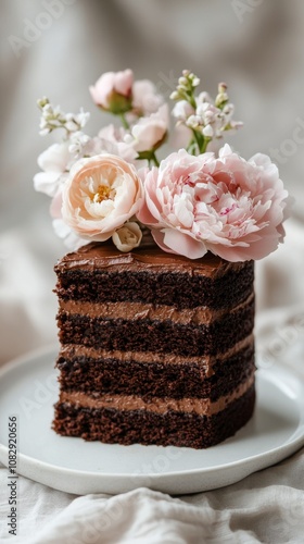 Delicious layered chocolate cake with fresh floral decorations displayed on a...