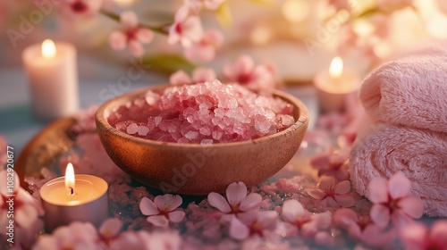 Spa setting with cherry flower, salt in bowl, candle, photo