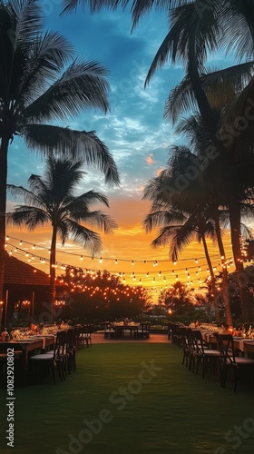 Elegant outdoor wedding reception beautifully decorated with string lights an...