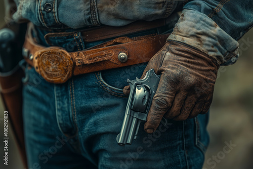 A cowboy's weathered hand firmly grips a revolver under the bright desert sun photo