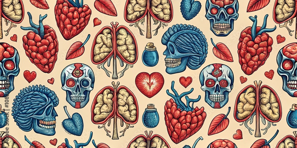 Anatomical Love, Seamless Pattern, Illustration , heart , skull Anatomical Love, Seamless Pattern, Illustration , heart , skull