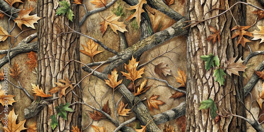Autumn Woodland Camouflage Pattern Tree Trunks, Leaves, Branches, Seamless, Camouflage, Nature Autumn Woodland Camouflage Pattern Tree Trunks, Leaves, Branches, Seamless, Camouflage, Nature