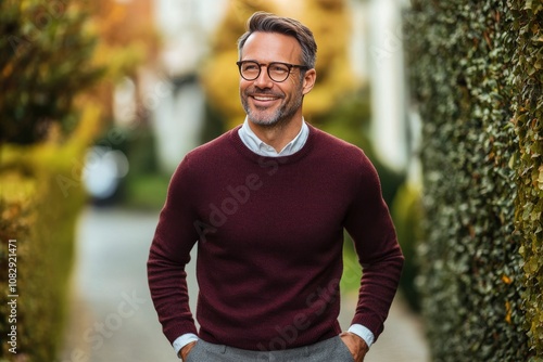 Man in a brown sweater walks confidently down a quaint autumn street lined wi...