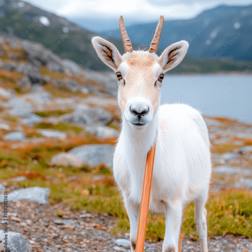 A white goat with brown horns stands on a rocky path, looking directly at the camera with a calm expression. A white goat with brown horns stands on a rocky path, looking directly at the camera with a calm expression.