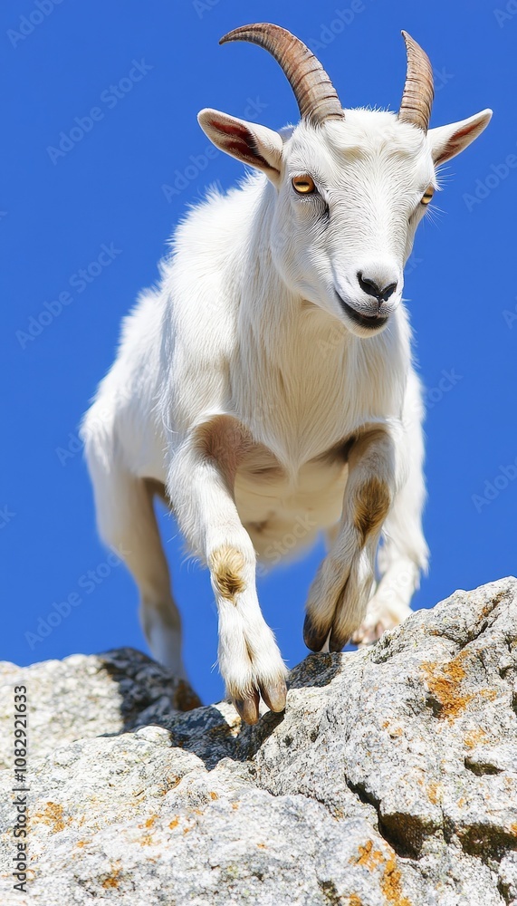 A white goat with horns stands on a rocky ledge against a blue sky. A white goat with horns stands on a rocky ledge against a blue sky.