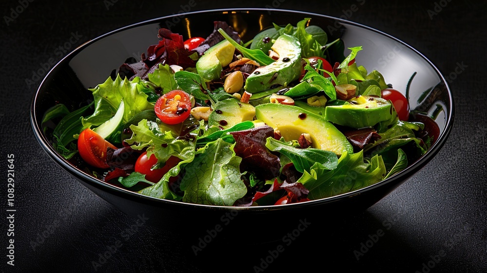 A vibrant salad bowl filled with mixed greens, sliced avocado, cherry tomatoes, and nuts, all drizzled with a light vinaigrette. The colors are vivid, showcasing the freshness. A vibrant salad bowl filled with mixed greens, sliced avocado, cherry tomatoes, and nuts, all drizzled with a light vinaigrette. The colors are vivid, showcasing the freshness.