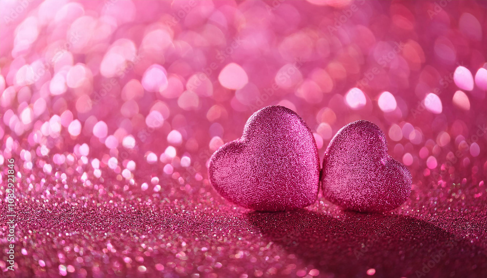 Fototapeta premium Pink hearts on bright glittering backdrop. Vivid sparkles. Valentine's Day, romantic greeting card.