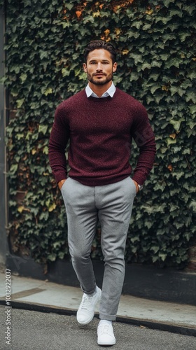 Man in a maroon sweater and gray trousers walking confidently along an ivy co...