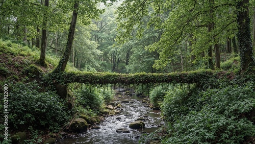 Vibrant vine bridge over stream in forest unity symbol photo