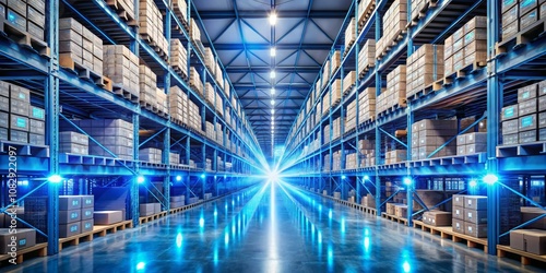 Blue Lit Warehouse Storage with Cardboard Boxes, Logistics, Warehouse