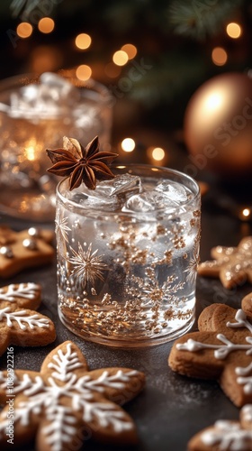 Festive cocktail with ice and star anise surrounding holiday decorations in c...
