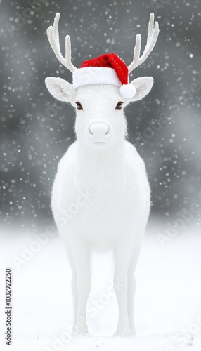 A white reindeer wearing a Santa hat stands in a snowy forest.