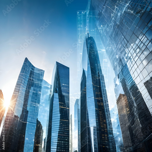 Financial growth and real estate investment concept with stock market charts and data overlaid on modern city skyscrapers, double exposure