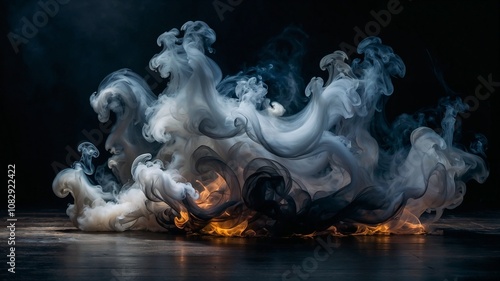 Mystical mist. Swirling smoke in dark and light symphony. Fluid fantasia. Abstract dance of fog and light on floor with black background photo