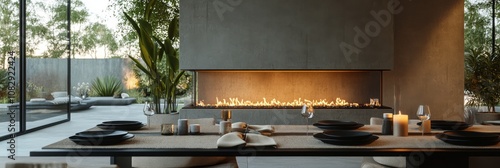 Elegant dining setup with candles and black tableware during sunset indoors