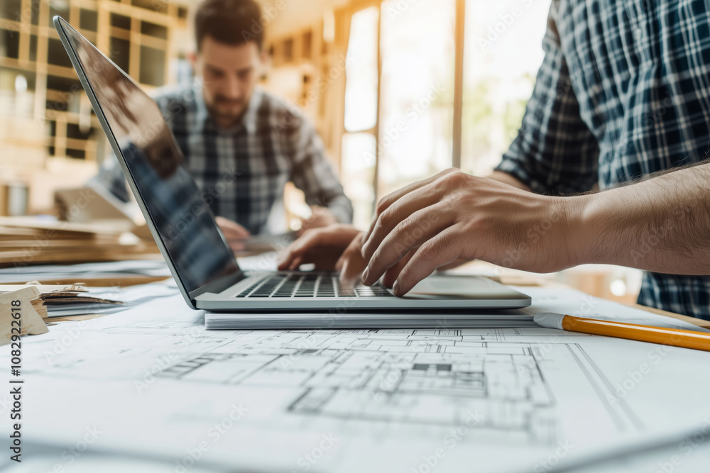 Architect and tradesman collaborate on building plans in bright workshop