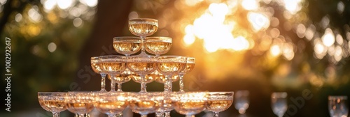 A beautiful champagne tower shimmering in the sunset light at an outdoor cele...
