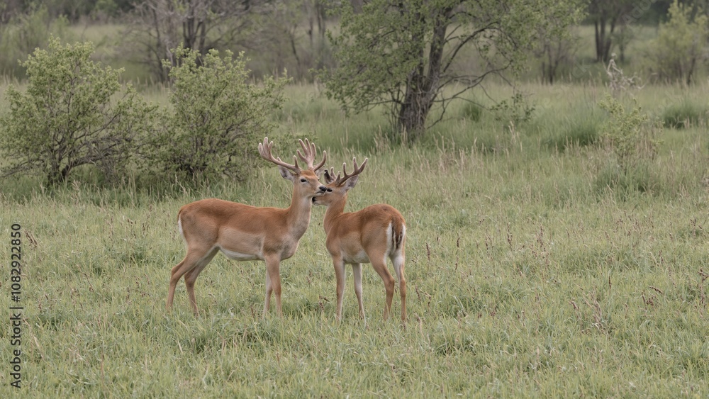 Peaceful deer duo in serene forest setting embodying companionship and natures tranquility Peaceful deer duo in serene forest setting embodying companionship and natures tranquility