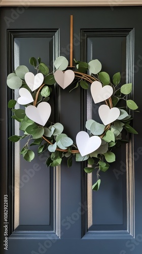 Decorative heart shaped eucalyptus wreath hanging on a dark blue door for a f...