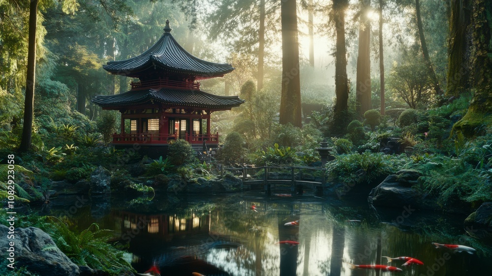 Serene Japanese Tea Garden with Red Pagoda Reflection Serene Japanese Tea Garden with Red Pagoda Reflection