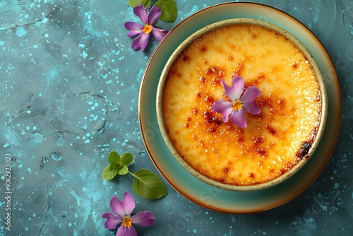 Caramelized Crème Brûlée Garnished with Edible Purple Flowers – Elegant and Creamy French Dessert on a Vibrant Blue Background

 photo