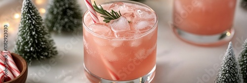 Refreshing holiday cocktail with peppermint and rosemary garnishes amidst fes...
