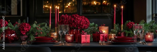 Elegant Christmas dining table setting with red decor and candlelight in a fe...