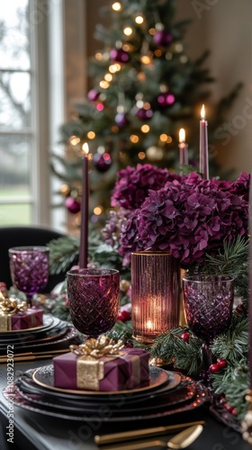 Elegant winter dining setup with purple accents and holiday decorations by a ...