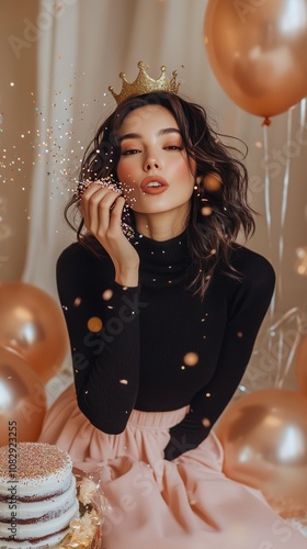 Young woman celebrating with a crown, cake, and confetti at a festive party i...