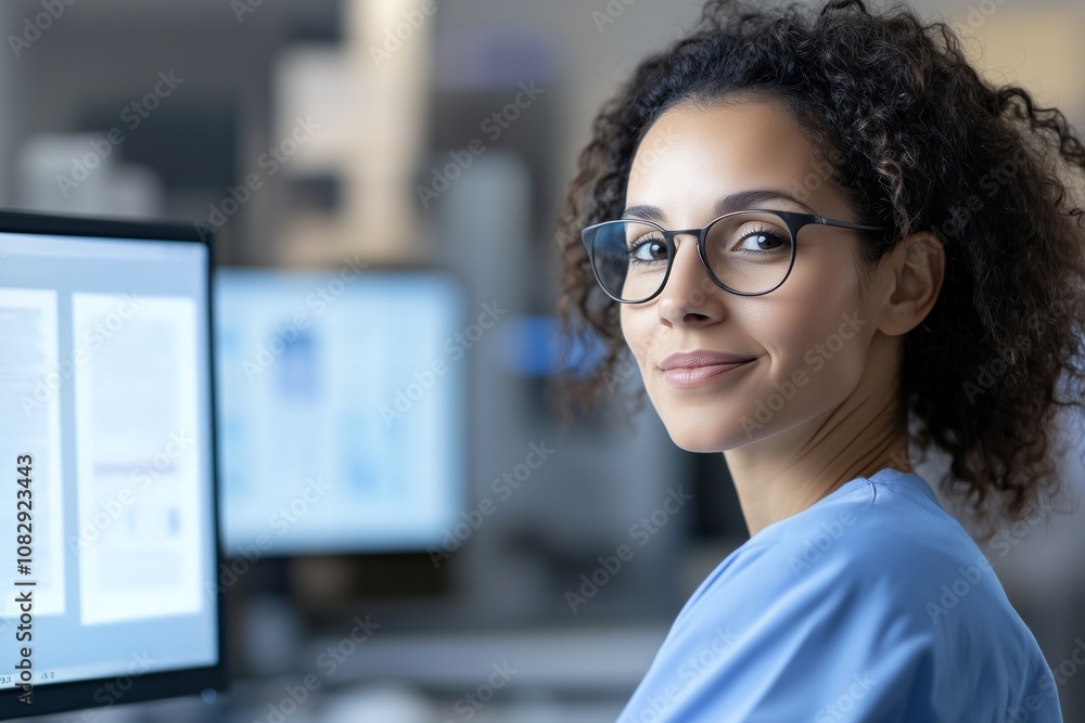 Fototapeta premium Clinic receptionist assisting patients and managing tasks at a medical facility during office hours