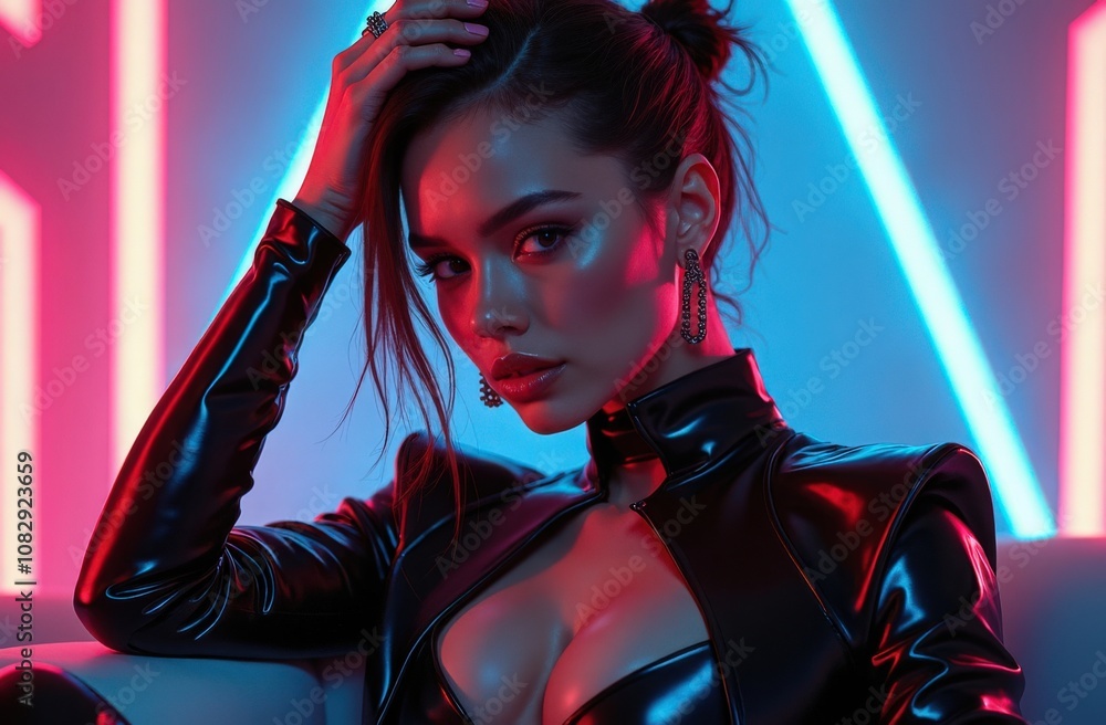 A stylish model in a sleek black outfit poses confidently against vibrant neon lights in a modern lounge setting during an evening photoshoot A stylish model in a sleek black outfit poses confidently against vibrant neon lights in a modern lounge setting during an evening photoshoot