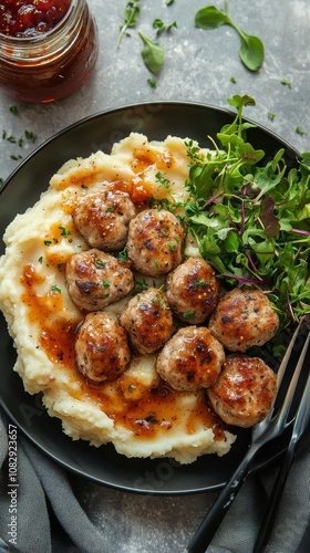 Hearty meatballs served over creamy mashed potatoes with fresh greens and sav...