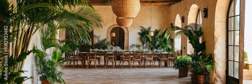 Tropical indoor dining with a long, greenery adorned table and pendant lighting