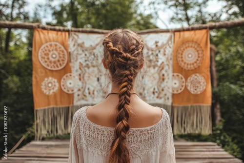 bohemian event decoration, a bohemian girl with braided hair stands on a wooden stage, surrounded by dreamcatchers and macrame, under an event banner