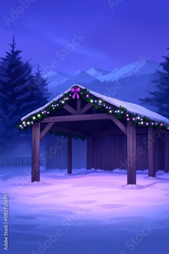 A wooden barn covered in snow with Christmas lights and garland under a starry sky.