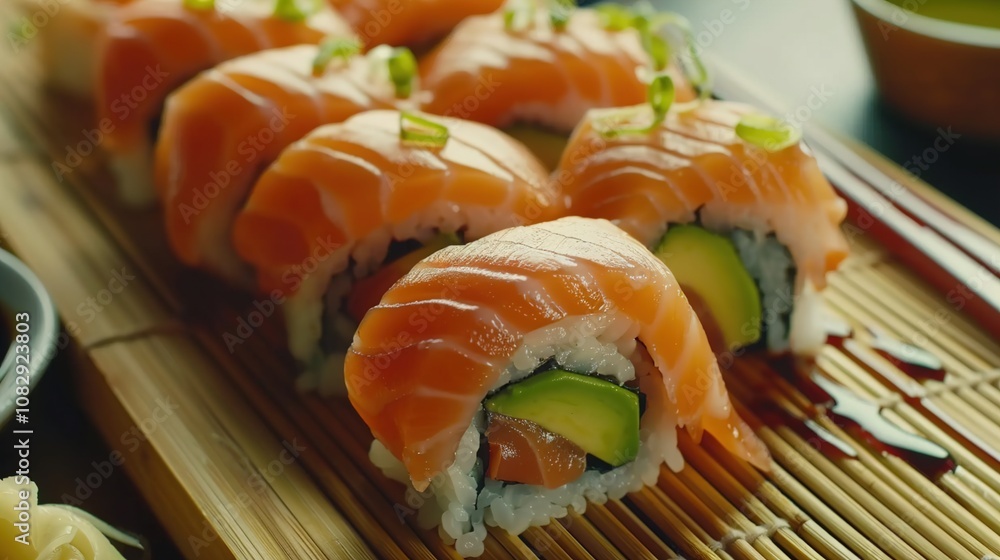 Close-up shot of vibrant sushi rolls, filled with fresh salmon, avocado, and rice, placed on a bamboo mat with soy sauce, wasabi, and ginger, the textures and colors in stunning detail. Close-up shot of vibrant sushi rolls, filled with fresh salmon, avocado, and rice, placed on a bamboo mat with soy sauce, wasabi, and ginger, the textures and colors in stunning detail.