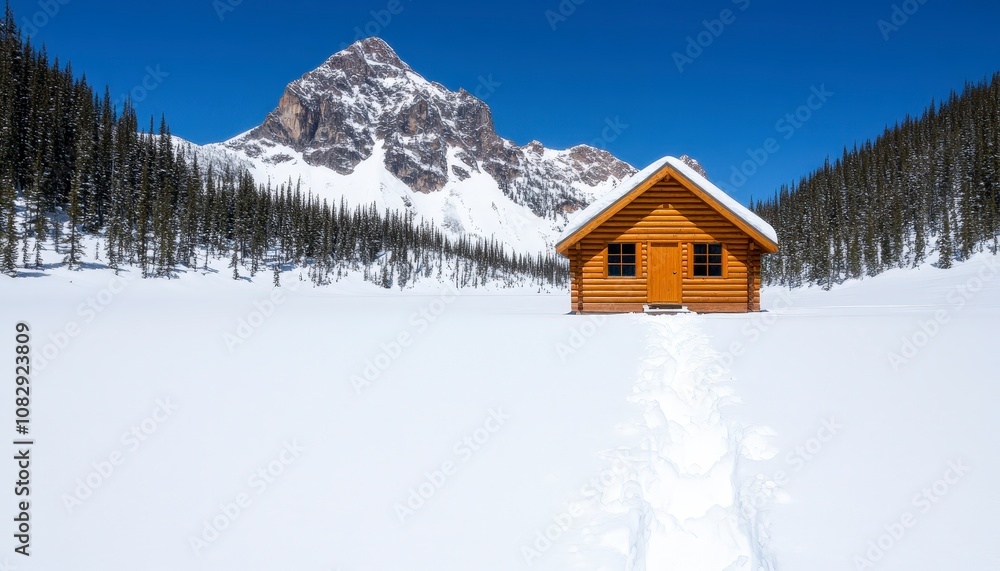 A wooden cabin in the snow with a mountain in the background. A wooden cabin in the snow with a mountain in the background.