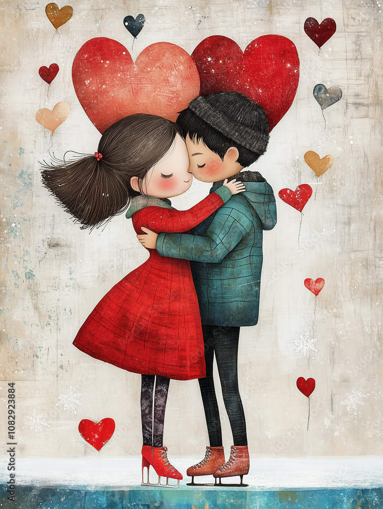 A couple of children ice-skating, hugging, surrounded by flying hearts
A couple of children ice-skating, hugging, surrounded by flying hearts